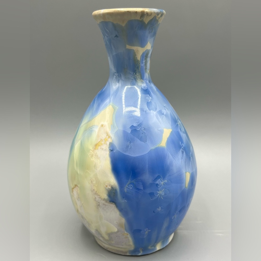 Fred Paget Blue Crystallized Flower Inlay Pottery Vase Twin Dragons Studio WOW!
